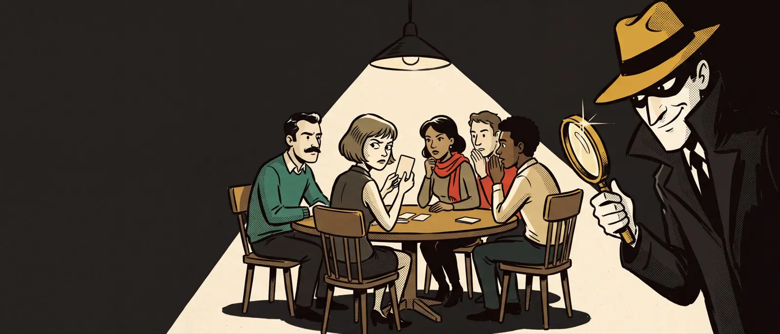 Friends around a table under a lamp while a spy in a trench coat watches with a magnifying glass